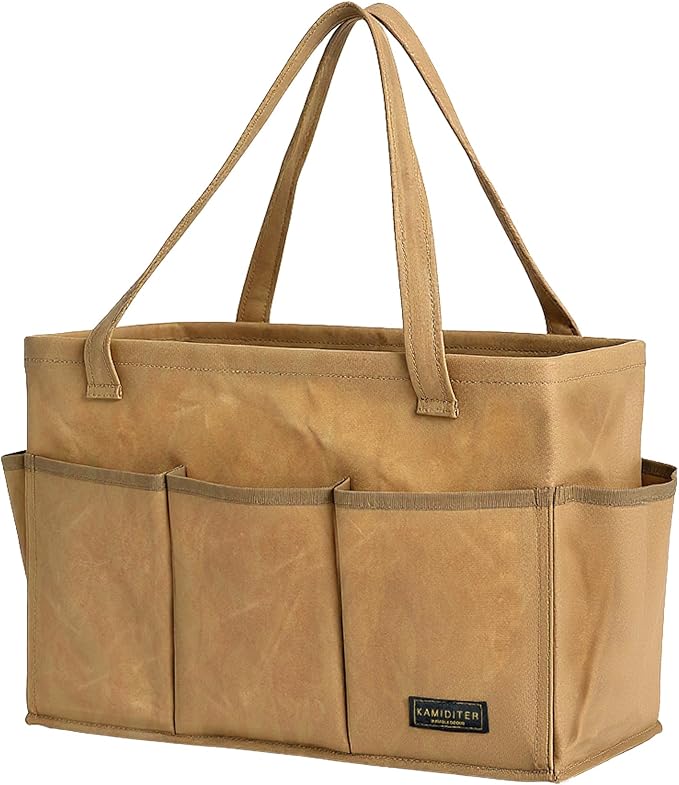 Durable 16OZ Waxed Canvas Tool Bag with Metal Frame, 15.5 Inch Large Collapsible Storage Tool Tote(Khaki | 15.5 X 7.5 X 10.5in)