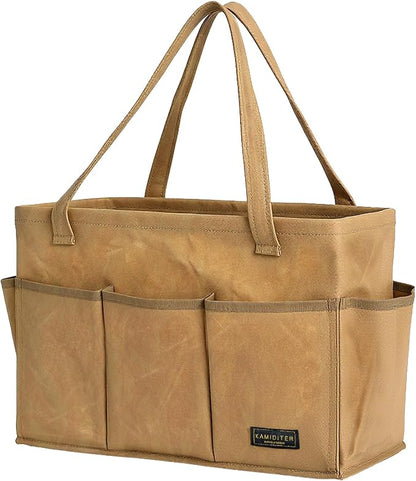Durable 16OZ Waxed Canvas Tool Bag with Metal Frame, 15.5 Inch Large Collapsible Storage Tool Tote(Khaki | 15.5 X 7.5 X 10.5in)