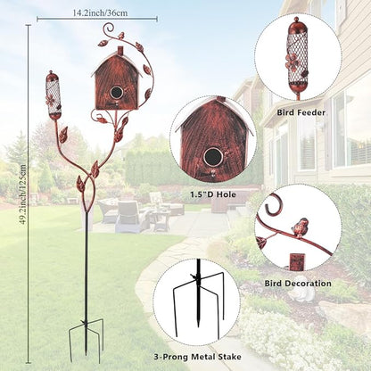 49" Bird Houses for Outside with Pole, Outdoor Metal Birdhouse with Mesh Feeder for Patio, Yard, Garden, Reddish Brown