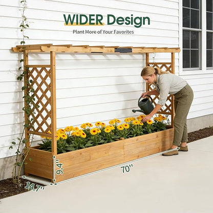 VINGLI Raised Garden Bed with Trellis & Hanging Roof, Wooden Garden Bed, Outdoor Planter Box for Yard, Garden, Balcony (Teak Color, Wider)