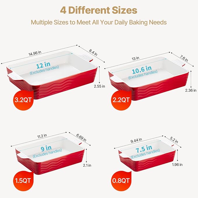 Estmoon Ceramic Baking Dishes Set of 4, Porcelain Baking Pans Set for Oven, Oven Safe and Durable Bakeware Sets Rectangular Ceramic Cookware Set with Handles for Wedding Gift,Red(7.5''/9"/10.6"/12")
