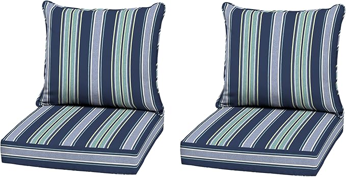 Arden Outdoor Deep Seat Cushion Set (2-Pack), 22 in x 24 in, Weather-Proof, Rain-Proof, Fade Resistant Patio Cushion for Chair, Sofa, and Couch Sapphire Aurora Blue Stripe