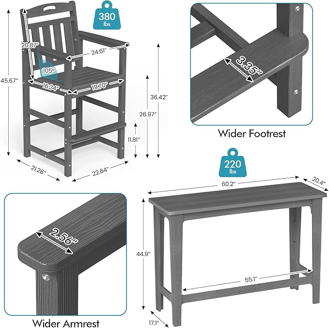 Ciokea Heavy-Duty Outdoor Bar Set, Rectangle High Top Table and 2 Oversized Adirondack Chairs Set, HDPE Modern Patio Bar Set for Outside Bistro Backyard Balcony Deck Outside, Grey