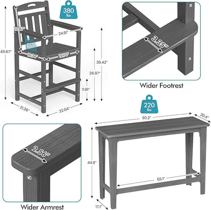 Ciokea Heavy-Duty Outdoor Bar Set, Rectangle High Top Table and 2 Oversized Adirondack Chairs Set, HDPE Modern Patio Bar Set for Outside Bistro Backyard Balcony Deck Outside, Grey