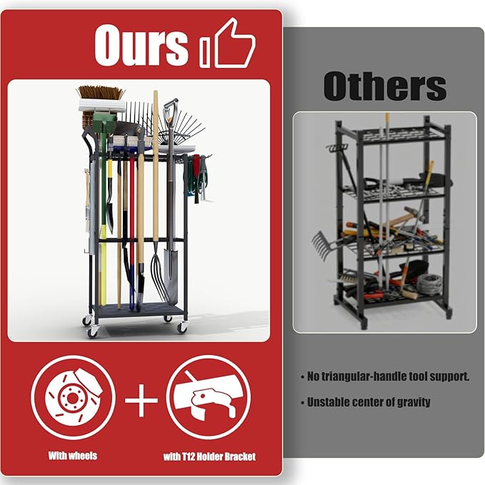 Faesun Garden Tool Organizer with Wheels, Heavy Duty Rolling Yard Tool Rack with 14 Hooks & 5 Slots, 3-Tier Metal Cart Holds 50+ Rakes/Shovels/Brooms, Mobile Lawn Storage for Garage Shed Outdoor
