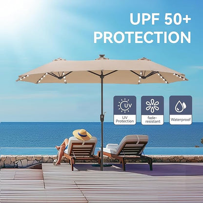 GREEN PARTY 13 ft Rectangle Patio Umbrella with Solar Lights, Double-Sided Market Table Umbrella with Crank, Large Outdoor Umbrellas for Patio Poolside Garden Backyard, Beige