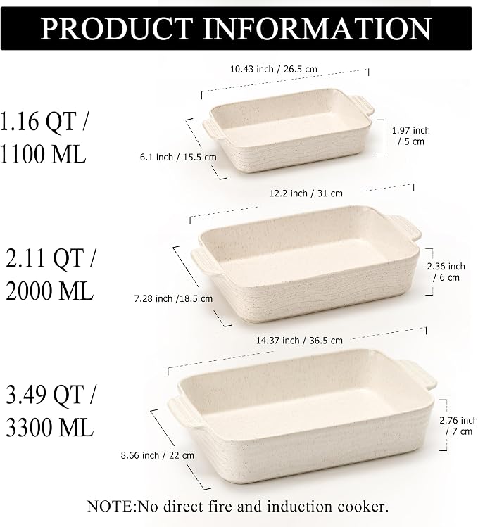 Ceramic Baking Dish Set of 3, Casserole Dishes for Oven, Square Porcelain Bakeware Set with Handles, Lasagna Baking Pan for Cooking, Perfect for Baking and Serving, Housewarming, Halloween, Thanksgiving, Christmas, New Year-Reactive White