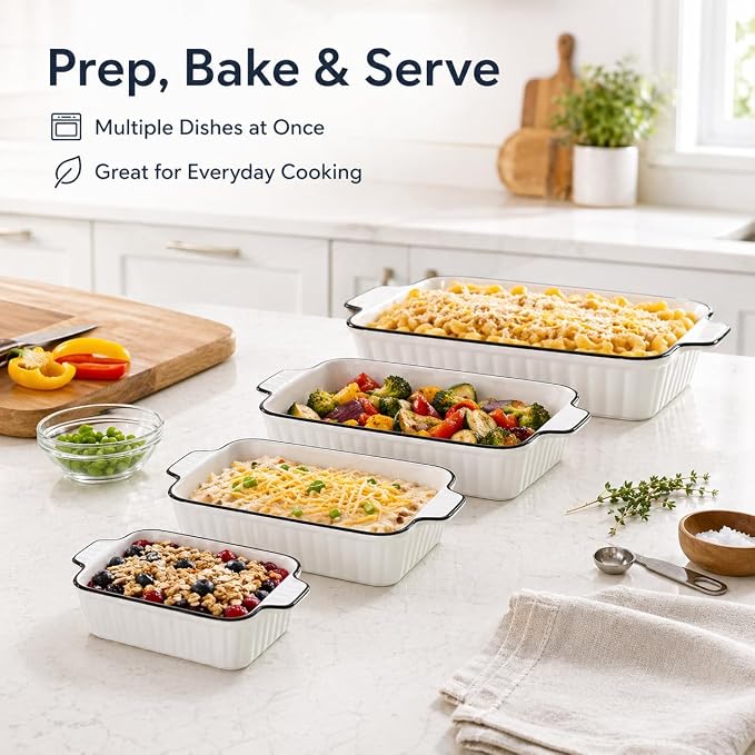 Ceramic Bakeware Set of 4, Deep Rectangular Casserole Dishes for Oven to Table, Non-Stick Lasagna Pans with Handles, Stackable Baking Pans for Family Dinners & Housewarming Gift