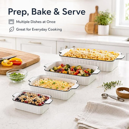 Ceramic Bakeware Set of 4, Deep Rectangular Casserole Dishes for Oven to Table, Non-Stick Lasagna Pans with Handles, Stackable Baking Pans for Family Dinners & Housewarming Gift