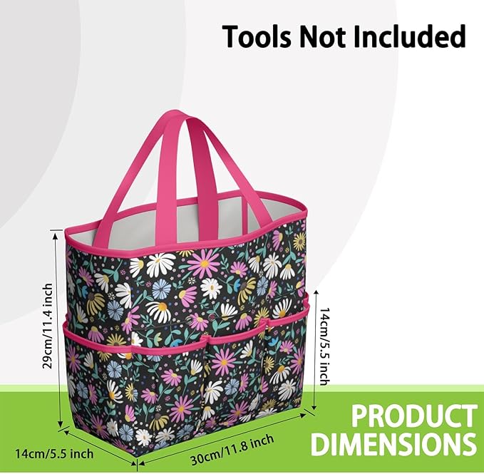 Floral Garden Tool Bag - Waterproof Garden Tote with 8 Pockets, Large Storage Home Organizer Gardening Tool Oxford Bag for Garden Tools Kits Holder, Ideal Outdoor Gardening Gift for Women & Men