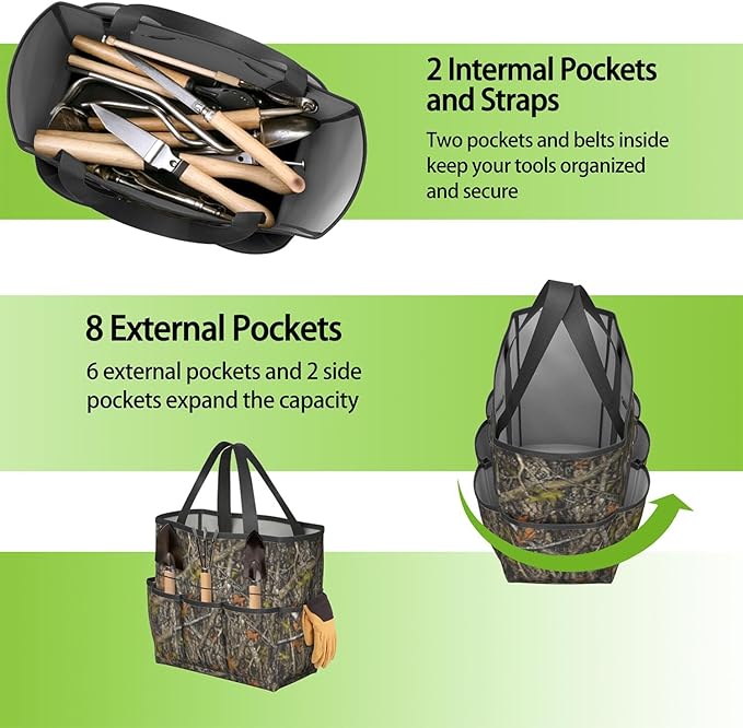 Green Camo Garden Tool Bag - Waterproof Garden Tote with 8 Pockets, Large Storage Home Organizer Gardening Tool Oxford Bag for Garden Tools Kits Holder, Ideal Outdoor Gardening Gift for Women & Men