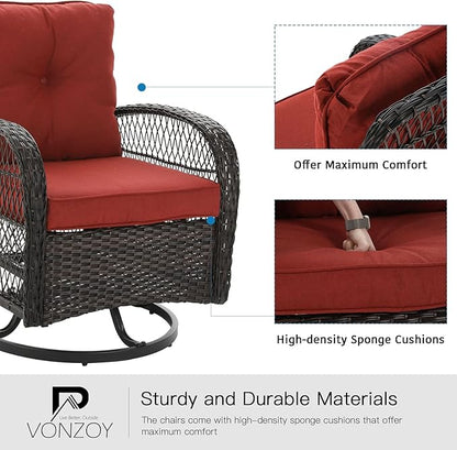 3 Pieces Patio Furniture Set, Outdoor Swivel Glider Rocker, Wicker Patio Bistro Set with Rocking Chair, Thickened Cushions and Table for Porch (Red)
