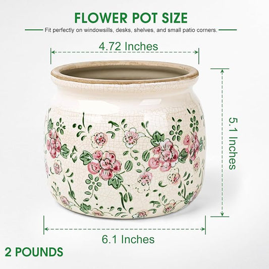 Flower Pots Planters for Indoor Plants Ceramic Plant Pots with Drainage 6.1 Inch Vintage Ceramic Pots for Plants Outdoor Home Garden Decor, Rustic Pink Camellia