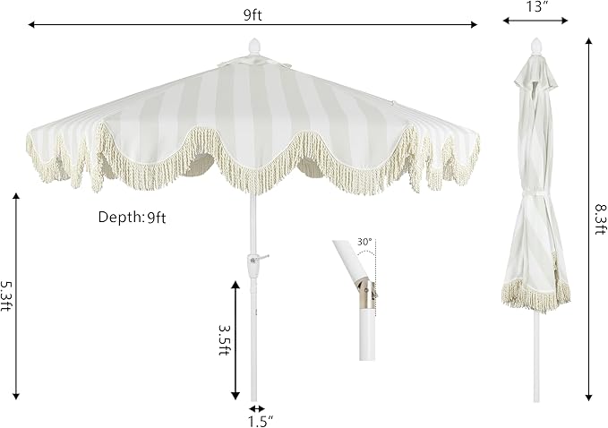 JONATHAN Y UMB1001 Collins 9 ft. Classic Cottage Tassel Market Patio Umbrella with Auto-Tilt, Crank, Wind Vent and UV Protection