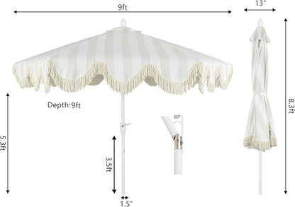 JONATHAN Y UMB1001 Collins 9 ft. Classic Cottage Tassel Market Patio Umbrella with Auto-Tilt, Crank, Wind Vent and UV Protection