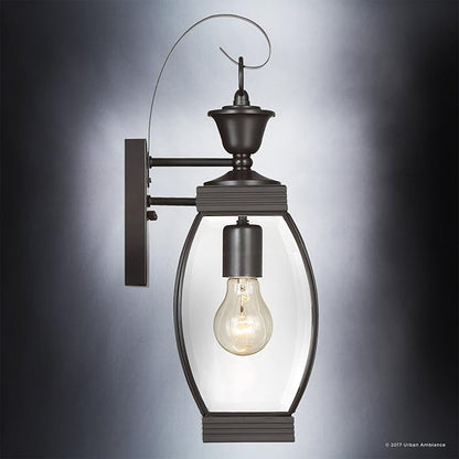 Urban Ambiance Luxury Colonial Outdoor Wall Light, Medium Size: 17" H x 5.5" W, with Transitional Style Elements, Bowed Design, Gorgeous Dark Medieval Bronze Finish and Beveled Glass, UQL1170