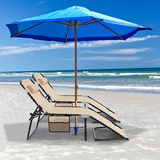 GYMAX Lounge Chairs for Outside, Extra High Folding Beach Tanning Lounger with Adjustable Backrest, Footrest & Removable Pillow, Sunbath Lounge for Patio, Lawn, Poolside (1, Beige with Pocket)