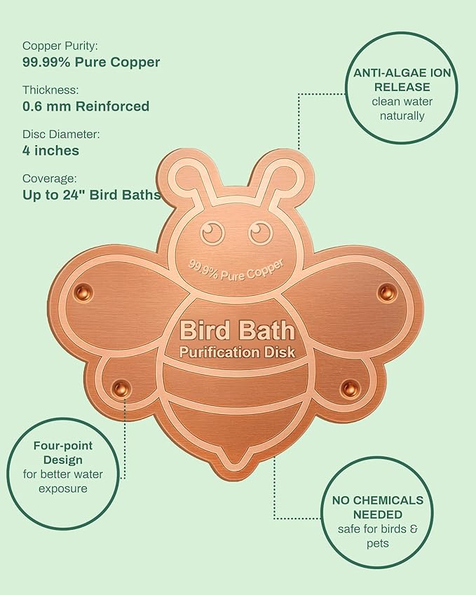 Bird Bath Purification Disk Pure Copper Outside Winter Solar Power Birdbath Outdoor Winter Backyard Humming Feeder Cage Dispenser Heater Bowl Pedestal Fountain Cleaner Garden Women Gift Bee