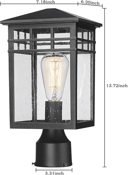 Outdoor Post Light Fixture, Modern Exterior Pillar Lantern with Black Finish & Seeded Glass, Pole Light for Garden, Backyard, Courtyard, Patio, Porch, RZ009-P BK