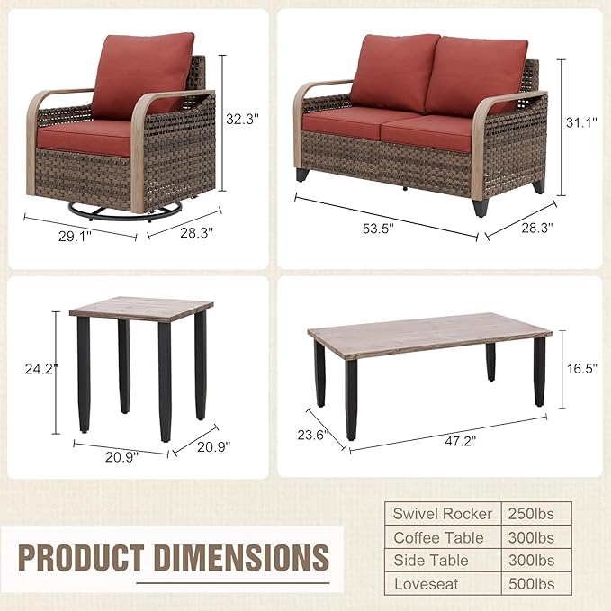 Modern Wicker Patio Furniture Set, Rattan Outdoor Conversation Set with Comfortable Cushions, 2 Swivel Rocing Chairs, 2 SeatLoveseat, Coffee Table and Side Table, 5 Pieces, Brown/Red