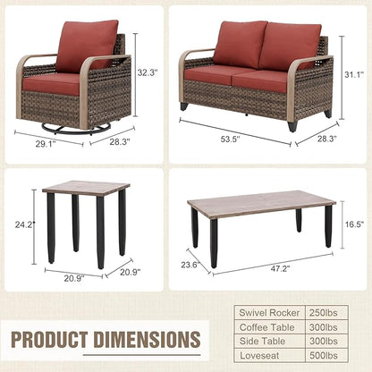 Modern Wicker Patio Furniture Set, Rattan Outdoor Conversation Set with Comfortable Cushions, 2 Swivel Rocing Chairs, 2 SeatLoveseat, Coffee Table and Side Table, 5 Pieces, Brown/Red