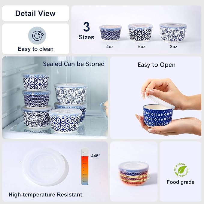 Selamica Ramekins with Lids 4 oz Oven Safe, Creme Brulee Ramekins Souffle Dishes with Covers, Stackable Ceramic Mini Ramekin Bowls Set for Dipping, Custard, Pudding, Baking, Set of 6, Vintage Blue