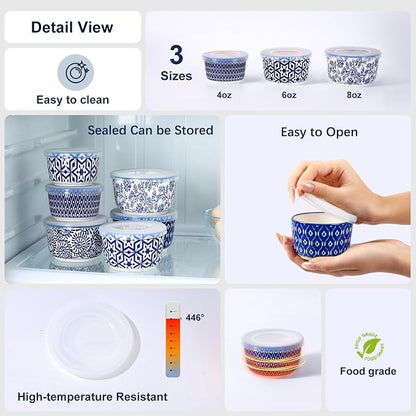 Selamica 6 oz Ramekins with Lids Oven Safe, Creme Brulee Ramekins Souffle Dishes with Covers, Pudding Custard Cups Stackable Ceramic Mini Ramekin Bowls Set for Baking, Dipping, Set of 6, Vintage Blue