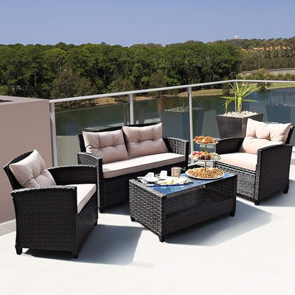 HAPPYGRILL 4-Piece Patio Conversation Set Rattan Wicker Chair Furniture Set with 1 Loveseat, 2 Single Sofas, 1 Coffee Table, Outdoor Indoor Furniture Sets for Backyard Porch Garden Poolside Balcony