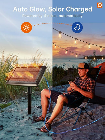 addlon 72FT Solar String Lights Outdoor, Waterproof Solar Powered Outside Lights with Remote & USB Port, ST38 LED Shatterproof Bulbs, Dimmable Solar Light for Camping Backyard Porch