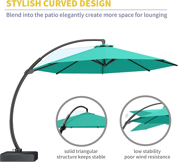 Kingdura 11ft Offset Cantilever Patio Umbrella with Base Included, Large Round Aluminum Outdoor Umbrella, 360° Rotation & Infinite Tilt, Heavy Duty Frame for Deck Pool Backyard, Turquoise Blue