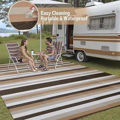 HUGEAR Outdoor Waterproof Rug 9'x12' Plastic Straw Rugs Washable Reversible Floor Mat Brown Stripe Carpet for Camping RV Deck Entryance Porch Picnic Balcony Beach Backyard