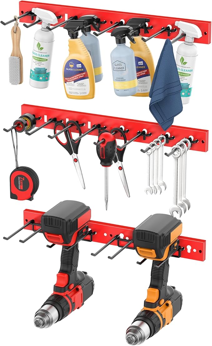 CCCEI 3 Modular Pegboard Strip Storage, Metal Peg Slat Wall Mount for Garage, Basement, Garden, Laundry Room Organization. Flexible Tool Organizer for Rake, Shovels, Crafting. Gifts for Men, Red.