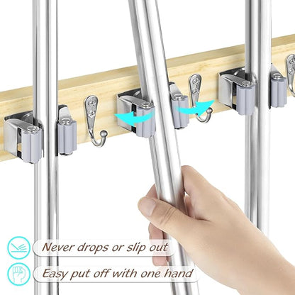 OUTNILI Mop and Broom Holder Wall Mount - Light Wood Broom Mop Hanger - Wall Mounted Garden Tool Rack Organizer for Closet Garage Laundry Room Kitchen With 4 Slots & 4 Hooks