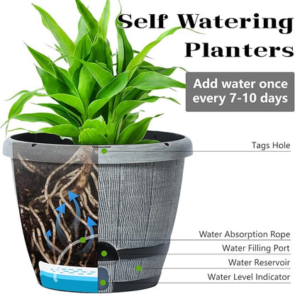 Sun-E Whiskey Barrel Self Watering Planters 10 Inch 3Pack with Water Level Window, Drainage Holes, Saucers & Plant Tags-Gray Imitation Wood Grain Pots for House Plants,Plants&Decor Not Included