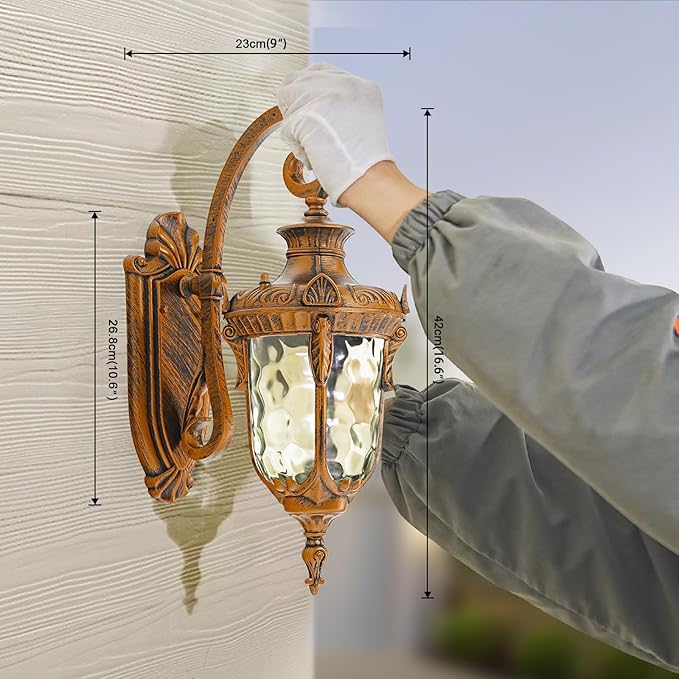 Outdoor Wall Lights, Waterproof Aluminum Porch Wall Light for Outside House, Patio, Yard, Garden, Gold Gooseneck Exterior Wall Sconce, Hardwired Outdoor Acorn Shape Lantern Lamp, Water Ripple Glass
