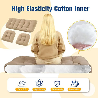 Patio Furniture Cushions Outdoor, Waterproof Wicker Chair Cushions Set of 3, 1 Loveseat & 2 Seat Pads, Thick Outdoor Replacement Cushions for Porch Lawn Bench Couch Sofa Swing, Khaki