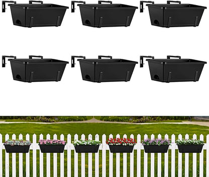 ETELI Railing Planter Hanging and Planter Box Brackets Set 6 Pack Adjustable Deck Window Boxes Planters with Drainage Holes for Garden Railing Fence, Black