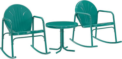 Crosley Furniture Griffith 3-Piece Outdoor Rocking Chair and Side Table Set, Retro Metal Bistro Patio Sets, Turquoise Gloss