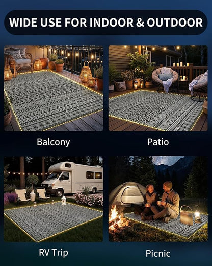MontVoo-Outdoor Rug Carpet 9x12 ft for Patio RV Camping with Led Strip Lights Waterproof Plastic Straw Rug Reversible Portable Outside Indoor Outdoor Rug Mat for Patio Decor Balcony Picnic-Boho Rug