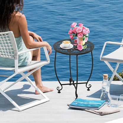 14 Inch Outdoor Side Tables for Patio, Weather Resistant Steel Patio Side Table, Small Round Outdoor End Table Metal Side Table for Patio Yard Balcony Garden Black (Color3-Flowers)