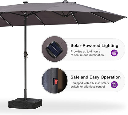 PURPLE LEAF 14ft Patio Market Umbrella with Solar LED and Base Double-Sided Rectangle Outdoor Table Sun Umbrellas with Crank for Pool Beach Deck Backyard Gray