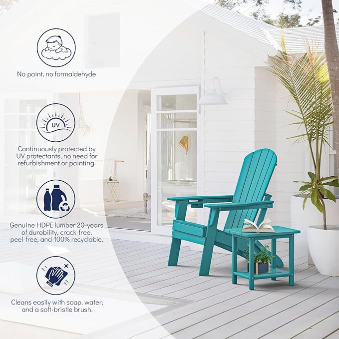 Plawdlik Folding Adirondack Chair, SGS Tested, Wooden Textured with Cup Holder, Heavy All-Weather HDPE Comfortable Set Poolside Backyard Lawn Aruba Blue