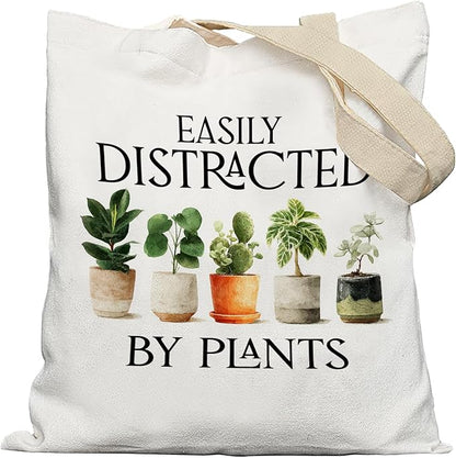 Funny Plant Tote Bag, Plant Lover Mom Lady Gifts Canvas Tote Bags, Gardening Gardener Gifts for Women, Easily Distracted by Plants Reusable Grocery Shopping Bags
