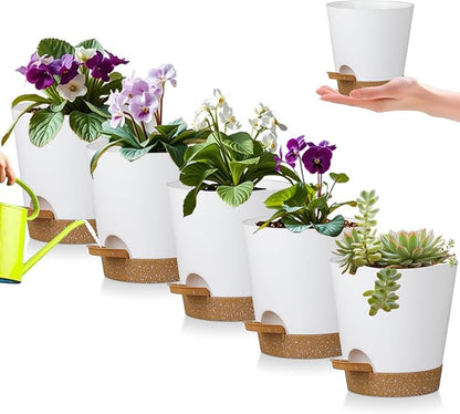 5 Pack 5 Inch African Violet Pots Self Watering, Self-Watering Planters with Drainage Holes & Reservoir, White Brown Plastic Pots for Indoor Outdoor Plants, Succulents & Flowers