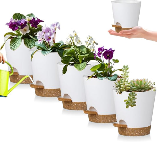 5 Pack 5 Inch African Violet Pots Self Watering, Self-Watering Planters with Drainage Holes & Reservoir, White Brown Plastic Pots for Indoor Outdoor Plants, Succulents & Flowers