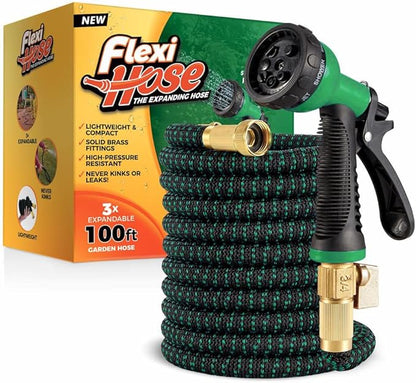 Flexi Hose with 8 Function Nozzle, 100FT - Lightweight Expandable Garden Hose, No-Kink Flexibility, 3/4 Inch Solid Brass Fittings and Double Latex Core - Black and Green