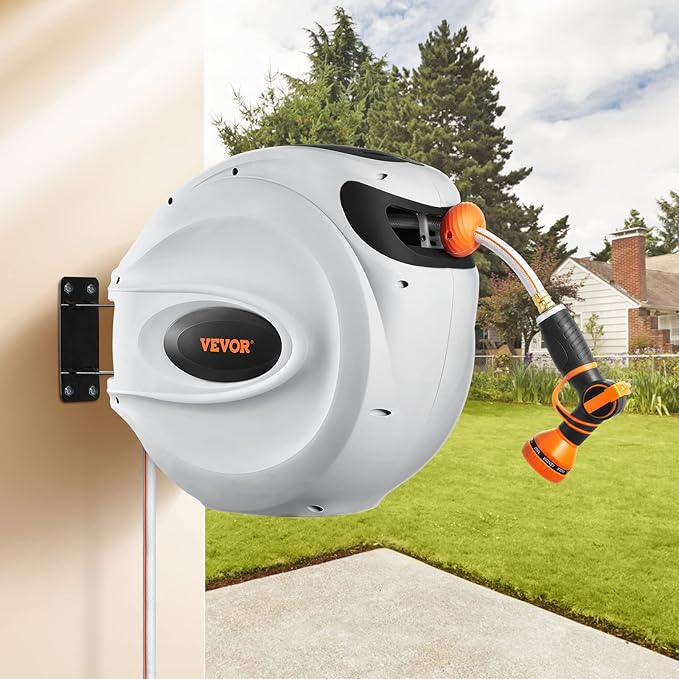 VEVOR Retractable Hose Reel, 130 ft x 1/2 inch, Garden Water Hose Reel with 9-Pattern Nozzle, 180° Swivel Bracket Wall-Mounted, Automatic Rewind, Lock at Any Length, with Slow Return System