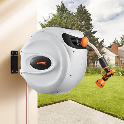 VEVOR Retractable Hose Reel, 100 ft x 1/2 inch, Garden Water Hose Reel with 9-Pattern Nozzle, 180° Swivel Bracket Wall-Mounted, Automatic Rewind, Lock at Any Length, with Slow Return System