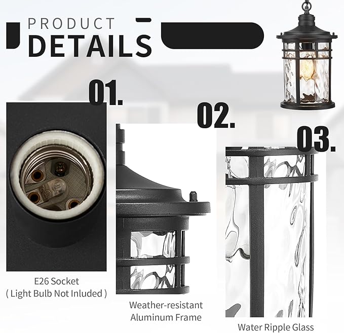 Darkaway Dusk to Dawn Outdoor Pendant Light, 14inch Hanging Porch Light Outdoor Chandelier Ceiling Mount Waterproof Pendant Lights with Water Ripple Glass for Patio Entrance Foyer Entryway