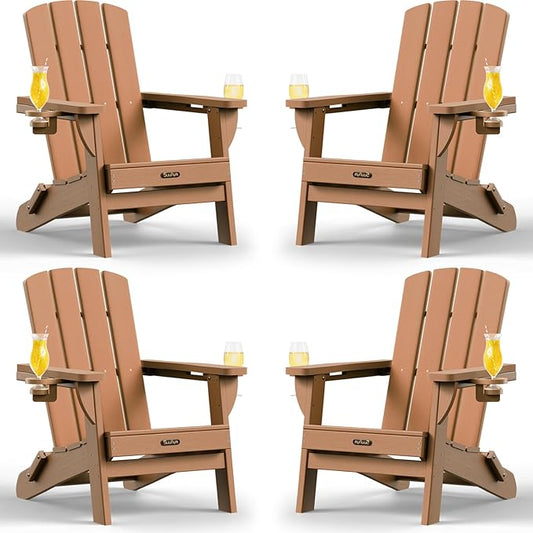 Folding Adirondack Chair 4 Pack, HDPE All-Weather Fire Pit Chairs, Plastic Adirondack Chairs with 2 Cup Holder, Outdoor Lawn Chair for Patio Garden (Teak)